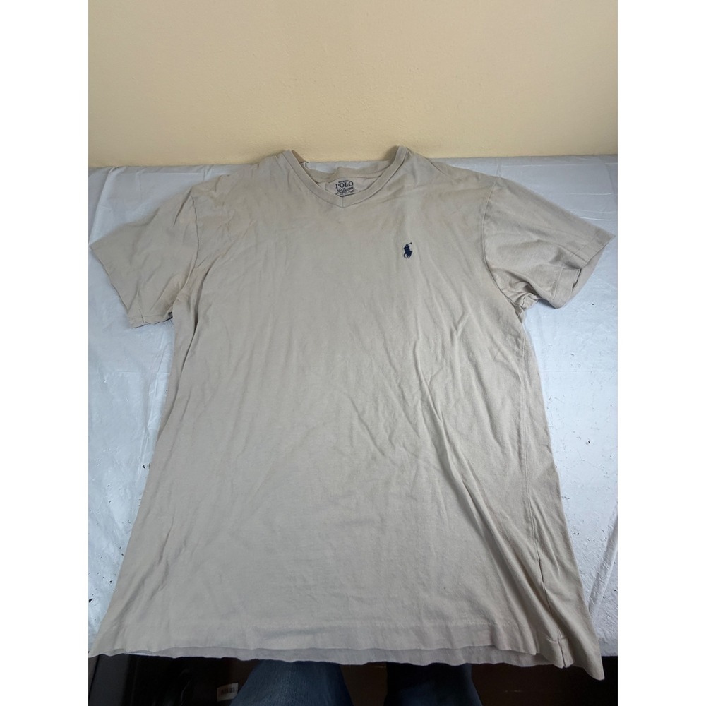 Polo Ralph Lauren Mens V-Neck T-Shirt Tan Beige Cotton Pony Logo Size M 3360